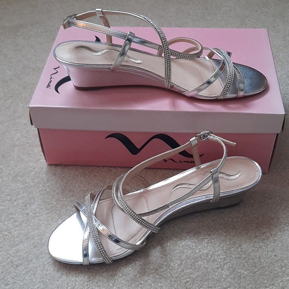 Silver jeweled sandal wedges from Nina Shoes